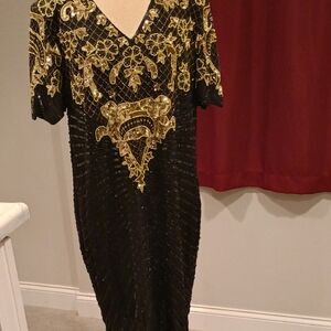 Midnight Run 100% Silk Elegant Black and Gold Sequin Midi Dress